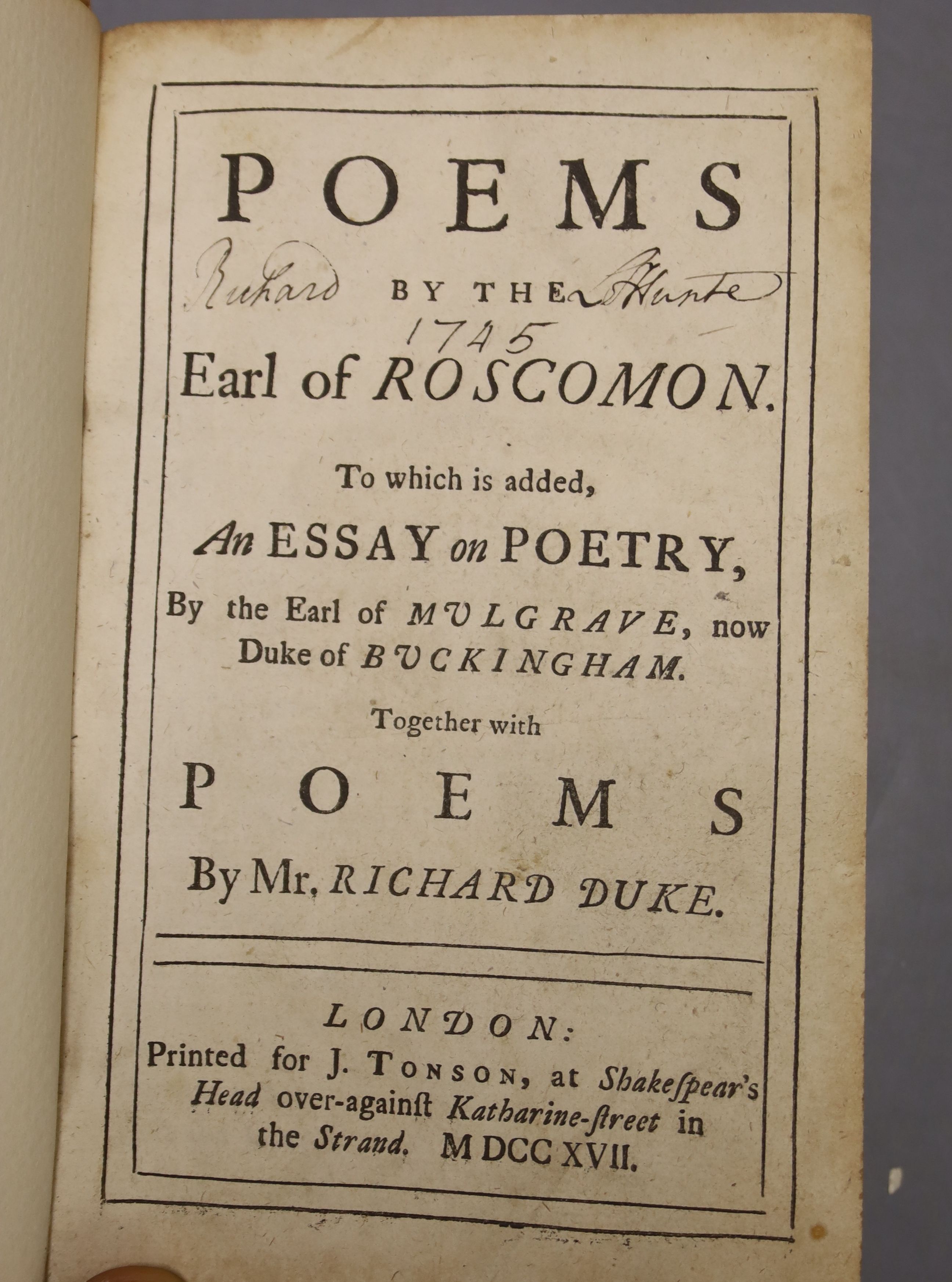 Roscommon, Earl of. – Poems To which is added, An Essay on Poetry …, together with Poems by Mr Richard Duke